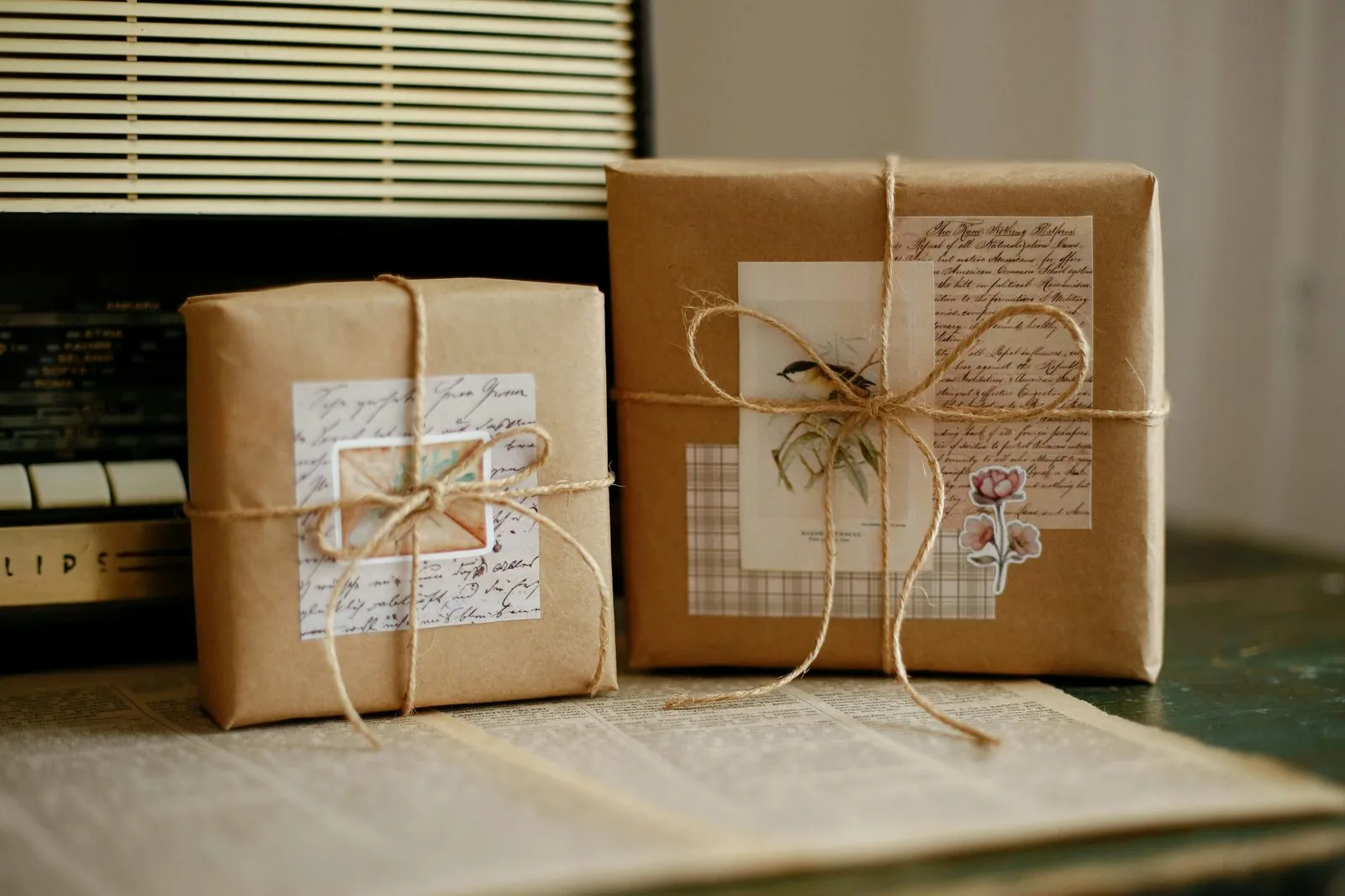 Bundled kraft packages tied and stickered as retail sets