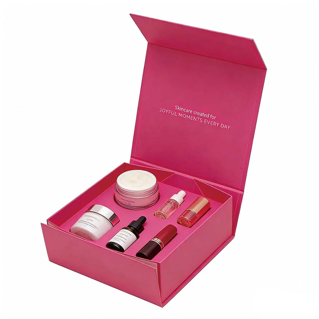 Pink rigid gift box with magnetic closure holding a skincare set